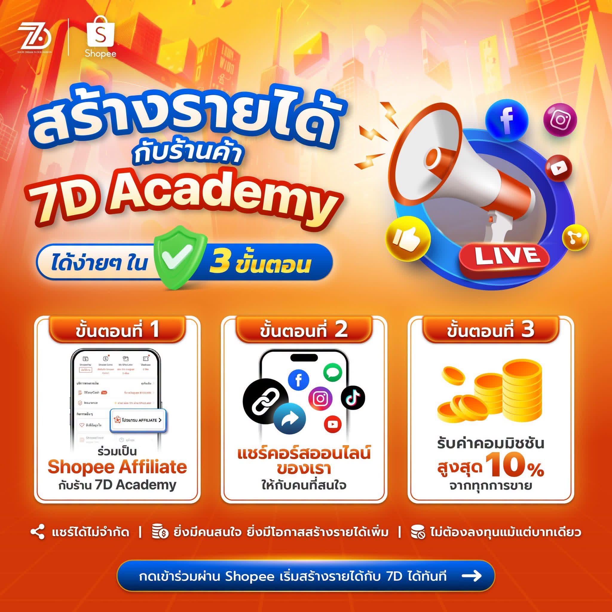 เข้าร่วม Affiliate กับ 7D Academy ผ่าน Shopee รับค่าคอมมิชชันสูงสุด 10%