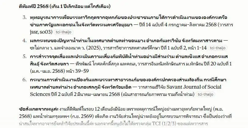 รายการงานวิจัยน้ำท่วมที่ตีพิมพ์ปี 2568 พร้อมชื่อผู้แต่ง วารสาร ฉบับ และเลขหน้า อ้างอิงจาก ThaiJO